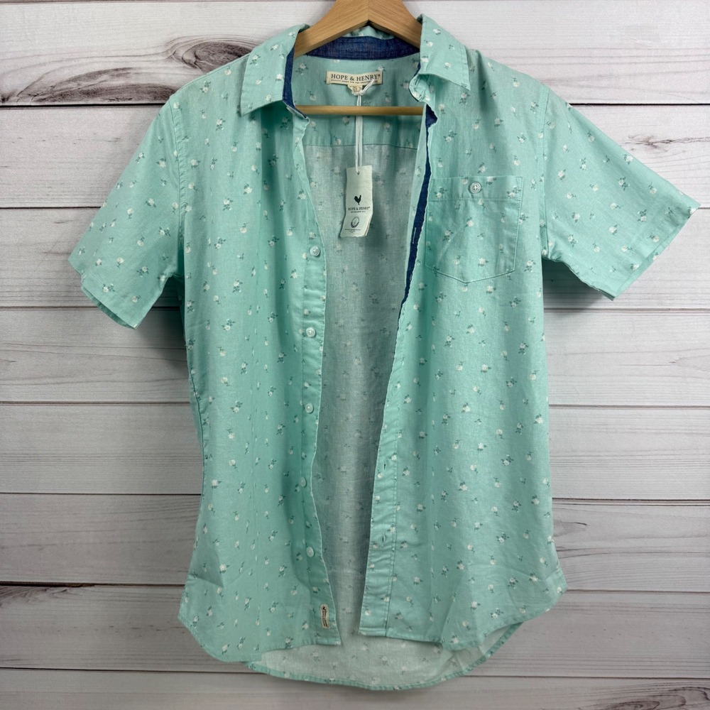 Hope & Henry Boys Short Sleeve Blue Linen Blend Button Down Size XL NWT